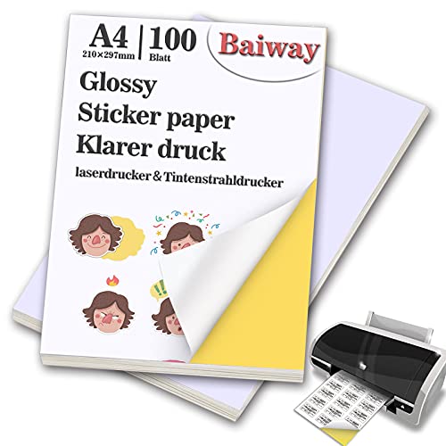 BaiWay Universal Etiketten Selbstklebend 100 Blatt 210 x 297 mm, Glänzende Druckerpapier A4 Aufkleber Papier Etikettendrucker Bedruckbar für Büromaterial Laser und Tintenstrahldrucker von Baiway