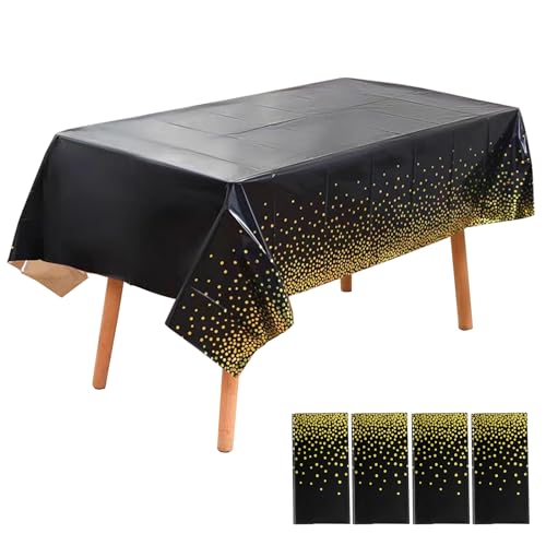 Einweg Tischdecken 4 Stück 137 x 183 cm Chmutzabweisend Wasserfest Tischdecke aus Kunststoff Rechteckige Goldene Punkte Tischdecken für Partys, Geburtstage, Hochzeiten - Schwarz von Baiyouli