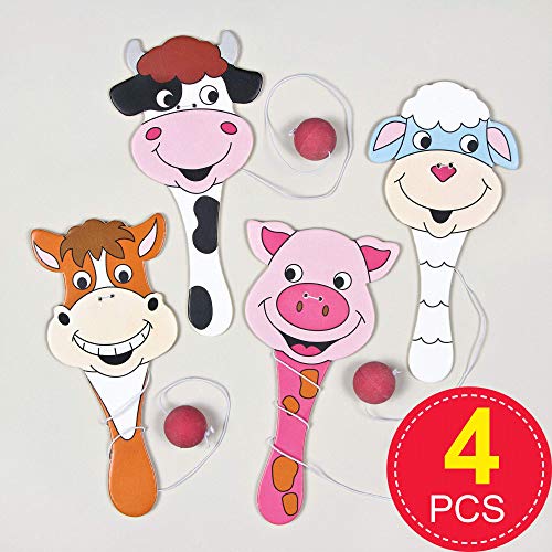 Baker Ross AG659 Paddleballschläger „Tiere auf dem Bauernhof“ für Kinder als kleine Überraschung oder als Preis bei Partyspielen (4 Stück), Holz, Weiß, 18 cm, 4 Pack von Baker Ross