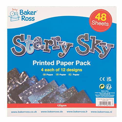 Baker Ross FC213 Sternenhimmel Bedrucktes Papier - 48 Stück, Kreativer Künstlerbedarf für Kinder, Ideal für Bastelaktivitäten und Dekorationsarbeiten von Baker Ross