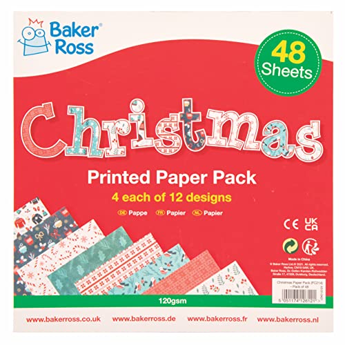 Baker Ross FC214 Bedrucktes Weihnachtspapier - 48 Stück, Kreativer Bastelbedarf für Kinder, Ideal für Bastelaktivitäten und Dekorationsarbeiten von Baker Ross