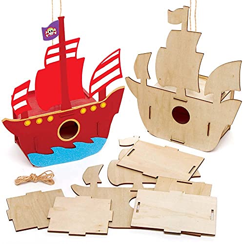 Baker Ross FE357 Vogelhaus-Set, Piratenschiff aus Holz, Holzhandwerk-Aktivitäten zum Bemalen und Dekorieren für Kinder, Kunst und Handwerk oder Gartenprojekte, 2 Stück von Baker Ross