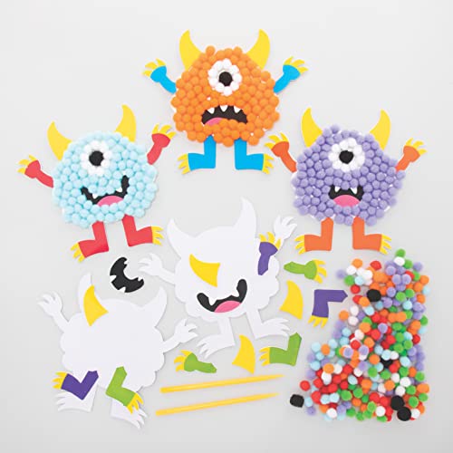 Baker Ross FE656 Monster Pom Pom Bastelset - 5er Pack, Selbstklebende Karte mit farbigen PomPoms zum Basteln für Kinder, Halloween Bastelaktivitäten von Baker Ross