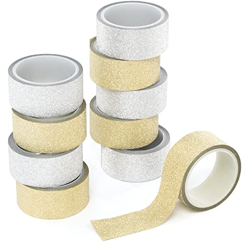 Baker Ross FE802 Gold und Silber Glitzer Klebenband - 10er Pack, Dekoratives Klebeband, Kunst und Bastelbedarf für Kinder, Glitter Bastelmaterial von Baker Ross