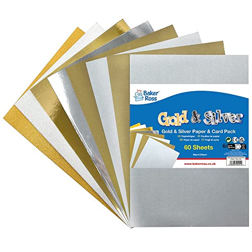 Baker Ross FX323 DIN A4 Bastelpapier und Bastelkarton-60 Blatt, Metallic, Glitzer und Matte Silber und Goldene Papier und Karte Packung, Mittel von Baker Ross