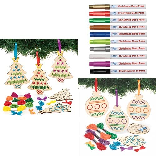 Baker Ross Weihnachtsbaum Kreuzstich-Holzanhänger (5 Stück) Metallische Mehrzweck Deko Stifte (10 Stück) Weihnachtskugel-Stickset (5 Stück) von Baker Ross