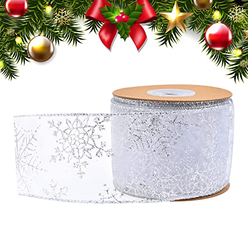 Organza Band Weihnachten, Glitzer Schneeflocken Geschenkband Chiffon Breit Schleifenband Satinband Dekoband Bänder für Geschenke Weihnachtsdeko Basteln von BakerMiche