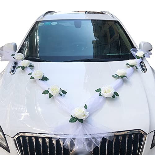 Bakermiche Autoschmuck Hochzeit Braut Paar Rose Deko Dekoration Herz Autoschmuck Blume Auto Deko Auto Hochzeitsdeko Autoschmuck Hochzeit Car Auto Wedding Deko Ratan Girlande Weiß von Bakermiche