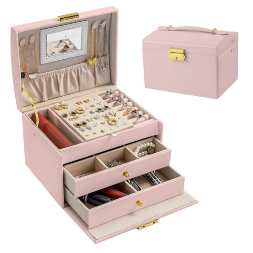 Baketron Schmuckkästchen 3 Ebenen,PU-Leder Schmuckschatulle Mädchen,Schmuckkasten mit Spiegel Abschließbarer Schubladen Schmuckbox,Schmuckkoffer für Schmuck Organizer Aufbewahrung - Rosa von Baketron