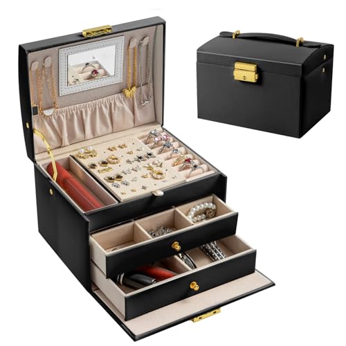 Baketron Schmuckkästchen 3 Ebenen,PU-Leder Schmuckschatulle Mädchen,Schmuckkasten mit Spiegel Abschließbarer Schubladen Schmuckbox,Schmuckkoffer für Schmuck Organizer Aufbewahrung - Schwarz von Baketron