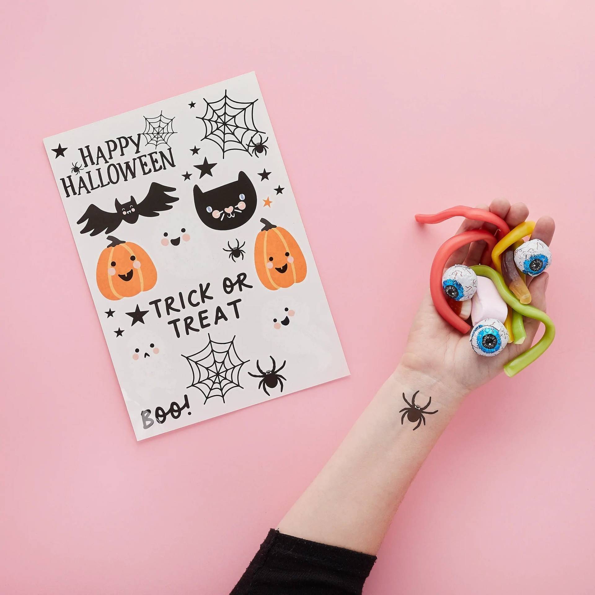 Halloween-Charaktere Temporäre Tattoos | 2Er Set Mit Kürbis, Fledermäusen, Spinnweben, Spinne, Katze Goody Favor Bags Kinderpartyzubehör von BakingTimeClub