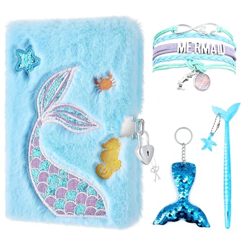 Balakaka Meerjungfrau Notizblöcke Set 4pcs,Glitzer Tagebücher für Kinder Stickmuster Journal Schulreise,Armband Schlüsselanhänger Notizblock mit Schlössern und Schlüsseln Mädchen Geschenk,Blau von Balakaka