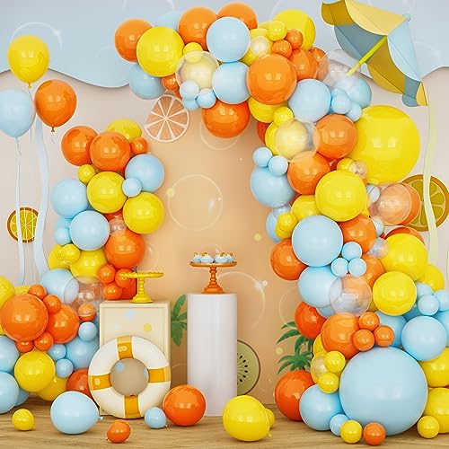 138Pcs Blau Gelb Orange Luftballon Bogen Kit, 5 10 12 18 Zoll Blau Orange und Gelb Luftballone für Jungen Mädchen Geburtstagsfeier Dekoration Baby Shower Hochzeit BrautShower Jubiläum von Balloon Dance