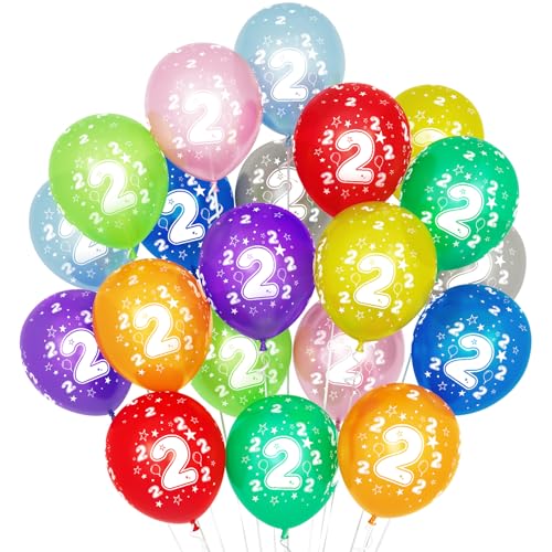 2 Kunterbunte Luftballons, 20 Stück Luftballons 2. Geburtstag, 30cm Luftballon Deko 2. Geburtstag Mädchen Junge Jubiläum 2 Jahre Ballon Mehrfarbige Zahl 2 von Balloon Dance