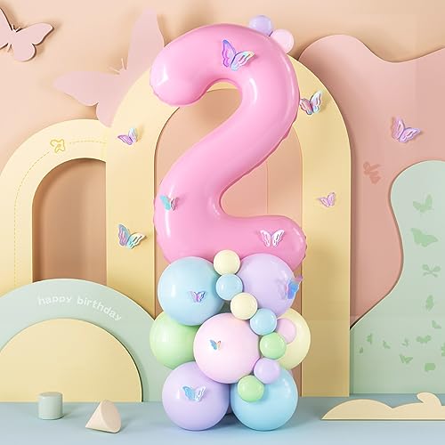 Balloon Dance 2nd Birthday Decorations for Girls, 40 Inch Pink Number 2 Helium Foil Balloons with Butterfly Pastel Balloons for Baby Girls 2 Year Birthday Party Decoration Baby Shower von Balloon Dance