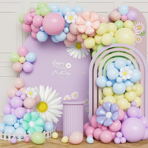 Gänseblümchen Ballons Girlanden Bogen Set 118 Stück Pastell Luftballons Macaron Luftballons Rosa Gelb Lila Blau mit Gänseblümchen Folien Ballons für Mädchen Geburtstag Babyparty Gartenparty Dekoration von Balloon Dance