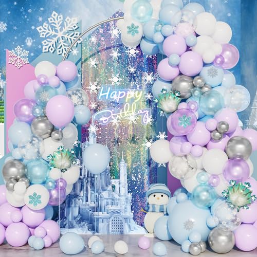 Frozen Luftballons Bogen Kit, 135 Pcs Lila Blau Weiß Ballonbogen Girlanden Kit mit Schneeflocken Eis Schnee,Prinzessin Königin Mädchen Geburtstag Baby Shower Weihnachten Winter Party Dekorationen von Balloon Dance