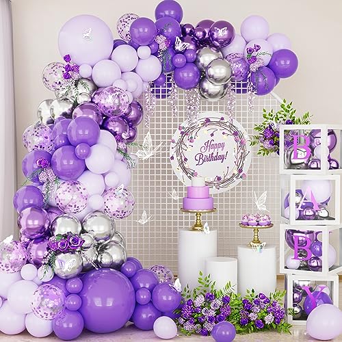 Lila Ballon Bogen Kit, 113 Pcs lila Metallic Silber Konfetti Luftballons Bogen Girlanden Kit mit 3D Schmetterlings Zubehör für Mädchen Geburtstagsfeier Jahrestag Hochzeit Baby Shower von Balloon Dance