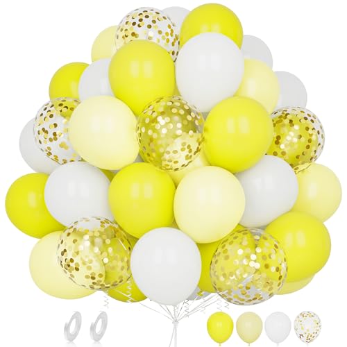 Luftballons Gelb Weiß, 60 Stück 12 Zoll Matt Pastell Gelb Weiss Konfetti Latex Helium Ballon Set mit Band für Frauen Mädchen Kinder Geburtstag Hochzeit Babyparty Jahrestag Verlobung Party Dekoration von Balloon Dance