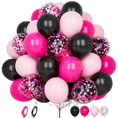 Luftballons Rosa Schwarz, 60 Stück 12 Zoll Matt Heißes Rosa Schwarze Konfetti Latex Helium Ballon mit Band für Frauen Mädchen Kinder Geburtstag Hochzeit Babyparty Brautparty Verlobung Party Dekoration von Balloon Dance