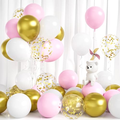 Luftballons Rosa Weiß, 30 Stück Ballons Pastell Rosa Weiss Party Luftballon Hellrosa mit Gold Konfetti Mädchen Frauen Geburtstag Babyparty Babyparty Taufe Geschlecht Offenbaren Jubiläum Hochzeit Deko von Balloon Dance