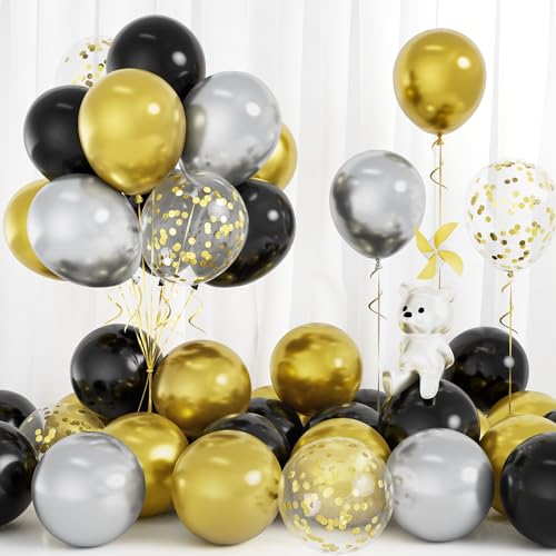 Luftballons Schwarz Gold, 30 Stück Ballons Schwarz Silber Party Luftballon mit Gold Konfetti Junge Mädchen Geburtstag Jubiläum Abschlussfeier Babyparty Festival Hochzeit Verlobungs Braut Dusche Deko von Balloon Dance