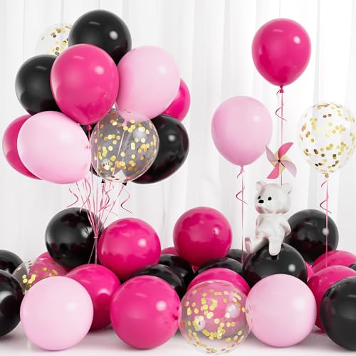 Luftballons Schwarz Rosa, 30 Stück Ballons Rosa Rot Schwarz Pastell Macaron Rosa Luftballon mit Gold Konfetti Mädchen Frauen Geburtstag Braut Dusche Jubiläum Hochzeit Babyparty Graduierung Party Deko von Balloon Dance