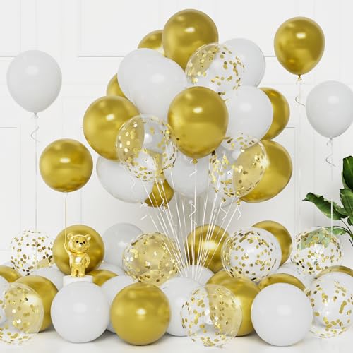 Luftballons Weiß Gold, 50 Stück 12 Zoll Ballons Weiß Metallic Gold Mit Gold Konfetti Luftballons Für Frauen Mädchen Geburtstag Hochzeit Party Jahrestag Karneval Taufe Verlobung Abschluss Dekoration von Balloon Dance