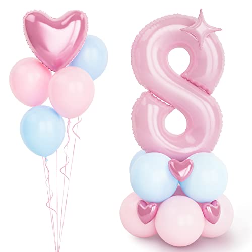 Rosa Luftballon Zahlen 8 Folienballon, 40 Zoll -100cm große Rosa 8 Jahre Helium Ballons blaue und rosa Geburtstag Luftballon für Mädchen 8. Geburtstags party Deko Baby Shower(Nummer 8) von Balloon Dance