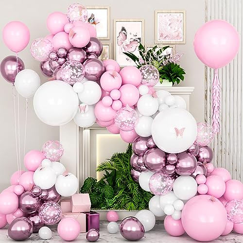 Rosa Weißes Ballon Girlanden Bogen Kit, 119Pcs Pastell Rosa Luftballon Bogen Set mit Schmetterlingen und Rosa Konfetti Ballons für Mädchen Geburtstag Baby Shower Hochzeit Jahrestag Party Dekoration von Balloon Dance