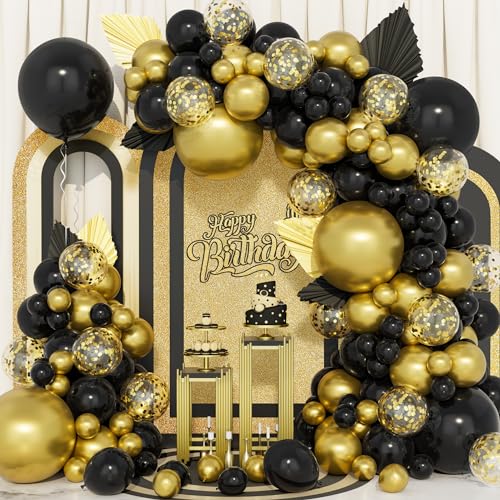 Schwarz Gold Luftballons Bogen Kit, 121Pcs 5 12 18 Zoll Schwarz Gold Metallic Konfetti Party Ballons Girlande für Geburtstag Baby Shower Ruhestand Graduierung Jahrestag Party Dekorationen Zubehör von Balloon Dance