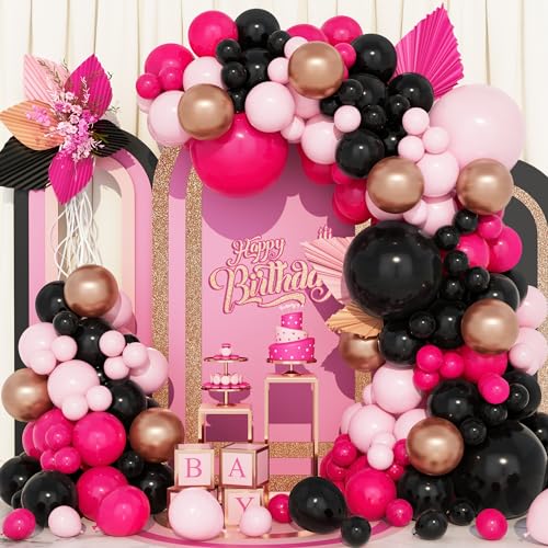 Schwarz Rosa Luftballons Girlande, 144Pcs 5 12 18 Zoll Heißes Rosa Roségold Metallic Ballons Bogen Kit für Geburtstag Hochzeit Baby Shower Jahrestag Party Dekoration Zubehör von Balloon Dance