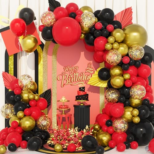 Schwarz Rot Gold Luftballons Girlande, 133Pcs 5 12 18 Zoll Gold Metallisch Konfetti Ballons Bogen Kit für Geburtstag Hochzeit Party Baby Shower Jahrestag Party Dekoration Zubehör von Balloon Dance