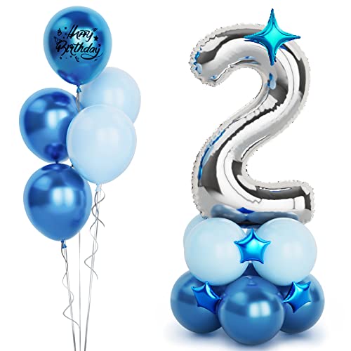 Silber Luftballon Zahlen 2 Folienballon, 40 Zoll -100cm große 2 Jahre Helium Ballons Blau Silber Geburtstag Luftballon für Jungen Kinder 2. Geburtstags party Deko(Nummer 2) von Balloon Dance