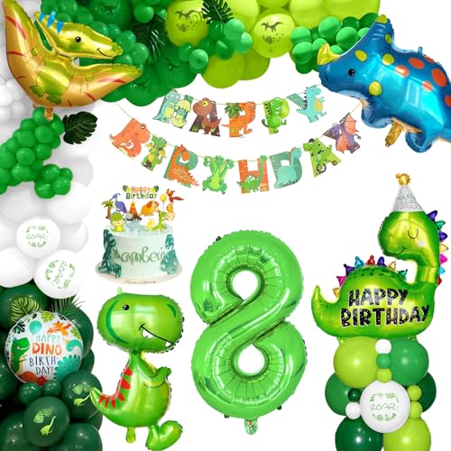 XXL Dino Geburtstag Deko, Dinosaurier Geburtstagsdeko 8 Jahre, 8. Kindergeburtstag Deko Zahlen Luftballon mit Happy Birthday Banner für Dinosaurier Party Dekoration Dschungel Party Kinder von Balloon Dance