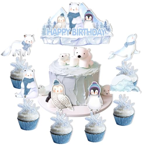 Balterever Arktische Tiere Geburtstag Dekorationen Arktische Polartier Happy Birthday Kuchen Cupcake Toppers Winter Tiere Geburtstag Party Dekorationen für Wintertiere Geburtstag Babyparty von Balterever