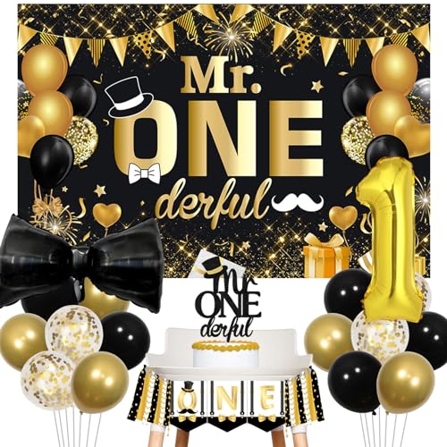 Balterever Mr Onederful Geburtstag Dekorationen Schwarz und Gold Mr Onederful 1st Geburtstag Hintergrund Banner Hochstuhl Banner Fliege Folie Ballons für Jungen Geburtstag Party Zubehör Dekorationen von Balterever