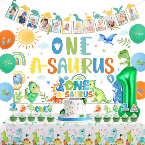 Balterever One a Saurus Geburtstag Dekorationen für Jungen Dinosaurier 1.Geburtstag Dekoration mit Dinosaurier Geburtstag Foto Banner One a Saurus Geburtstag Hintergrund, Kuchen Cupcake Toppers von Balterever