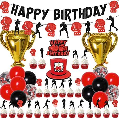 Boxspiel Geburtstag Party Dekorationen Kampf Sport Thema Geburtstag Wrestling Party Supplies für Jungen Männer Gym Boxen Geburtstag Banner Cake Topper Gold Cup Folienballons von Balterever