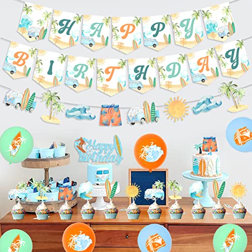 Sommer Surfen Geburtstag Party Dekorationen Vintage Surfen Happy Birthday Banner Retro Surfen Kuchen Cupcake Toppers für Sommer Hawaiian Strand Geburtstag Dekoration Schwimmbad Hawaii Party Supplies von Balterever