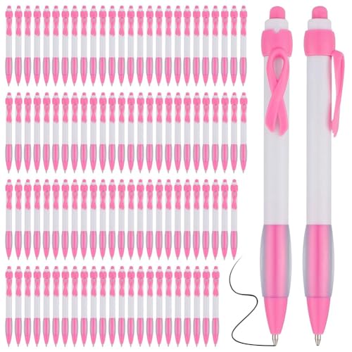 Bamberg 100 Stück Pink Ribbon Pens Bulk, Schwarze Tinte, Einziehbare Kugelschreiber für Bürobedarf, Frauen, Mädchen, Geschenk, Langlebig von Bamberg