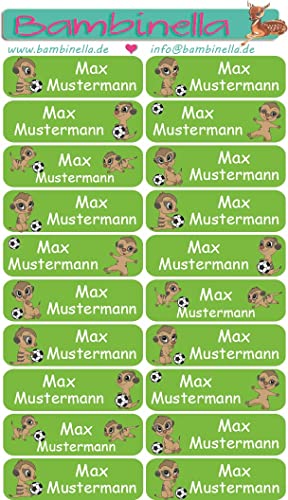 NEU: Bambinella® Namensticker personalisiert - 3 Blatt à 20 Stück = 60 Klebe-Etiketten - Erdmännchen mit Fußball von Bambinella