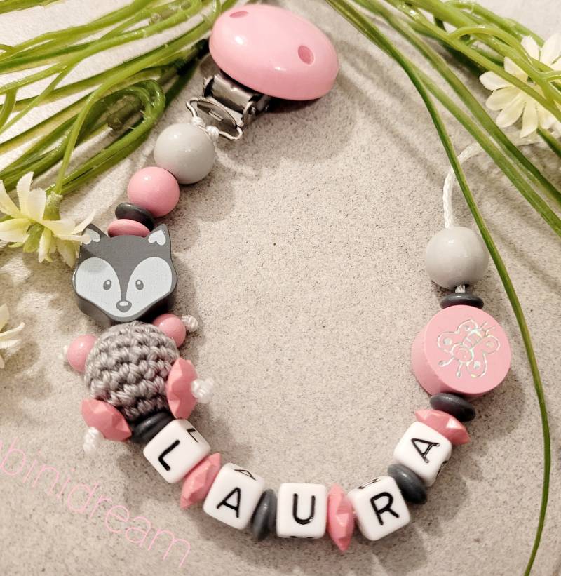 Schnullerkette Personalisiert Fuchs Rosa Grau|Baby Geschenk| Personalisiertegeschenke |Baby |Geburt von Bambinidream