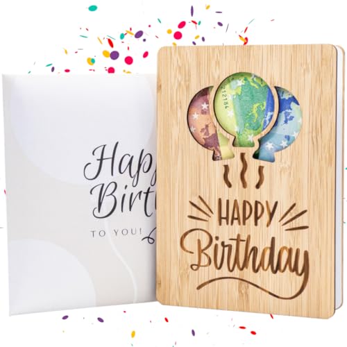 BambooCards4you - Geburtstagskarte aus Bambus mit Umschlag | Geldgeschenke Geburtstag | Geburtstagsgeschenk | Geldkarte zum Geburtstag | Wunscherfüller (Geburtstagskarte Ballons) von BambooCards4you