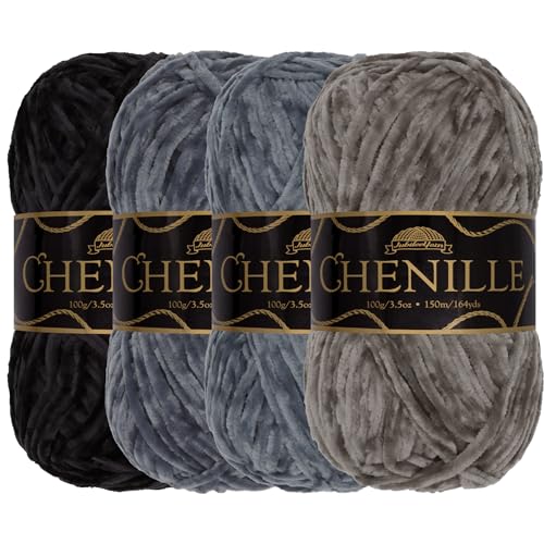 JubileeYarn Chenille-Garn, Kammgewicht, 100 g/Knäuel, Grautöne, 4 Knäuel von BambooMN