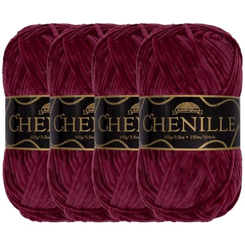 JubileeYarn Chenille-Garn, Kammgewicht, 100 g/Knäuel, Jasper, Samt-Weinrot (Dark Purple Burgundy Velvet), Häkel- und Strickgarn, 4 Knäuel von BambooMN