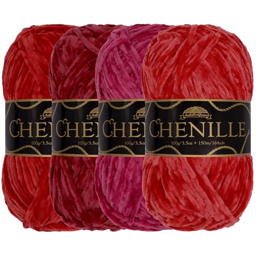 JubileeYarn Chenille-Garn, Kammgewicht, 100 g/Knäuel, Rottöne, 4 Knäuel von BambooMN