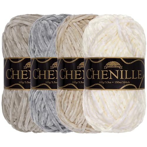 JubileeYarn Chenille-Garn – Kammgewicht – 100 g/Knäuel – Weißtöne – 4 Knäuel von BambooMN