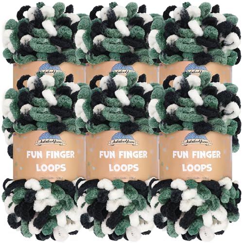 JubileeYarn Fun Finger Loops Garn – Polyester Jumbo Loop Garn – 100 g/Knäuel – Weiß/Schwarz/Grün – 6 Knäuel von BambooMN