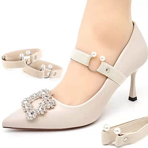 2 Paar abnehmbare elastische Schuhriemen für Damen, rutschfeste Schuhbänder mit künstlichen Perlen, Dekoration für lose High Heels Pumps (beige) von Bamboopack